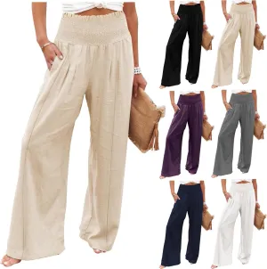 Linen Wide Leg Pants for Women Summer Flowy Boho Palazzo Pants Smocked High Waisted Loose Beach Pants with Pockets