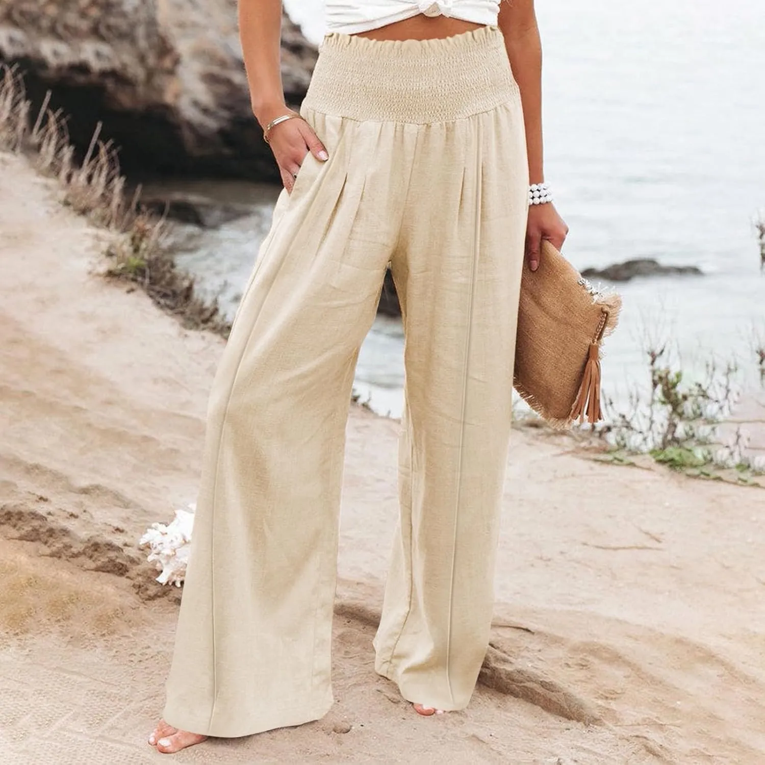 Linen Wide Leg Pants for Women Summer Flowy Boho Palazzo Pants Smocked High Waisted Loose Beach Pants with Pockets