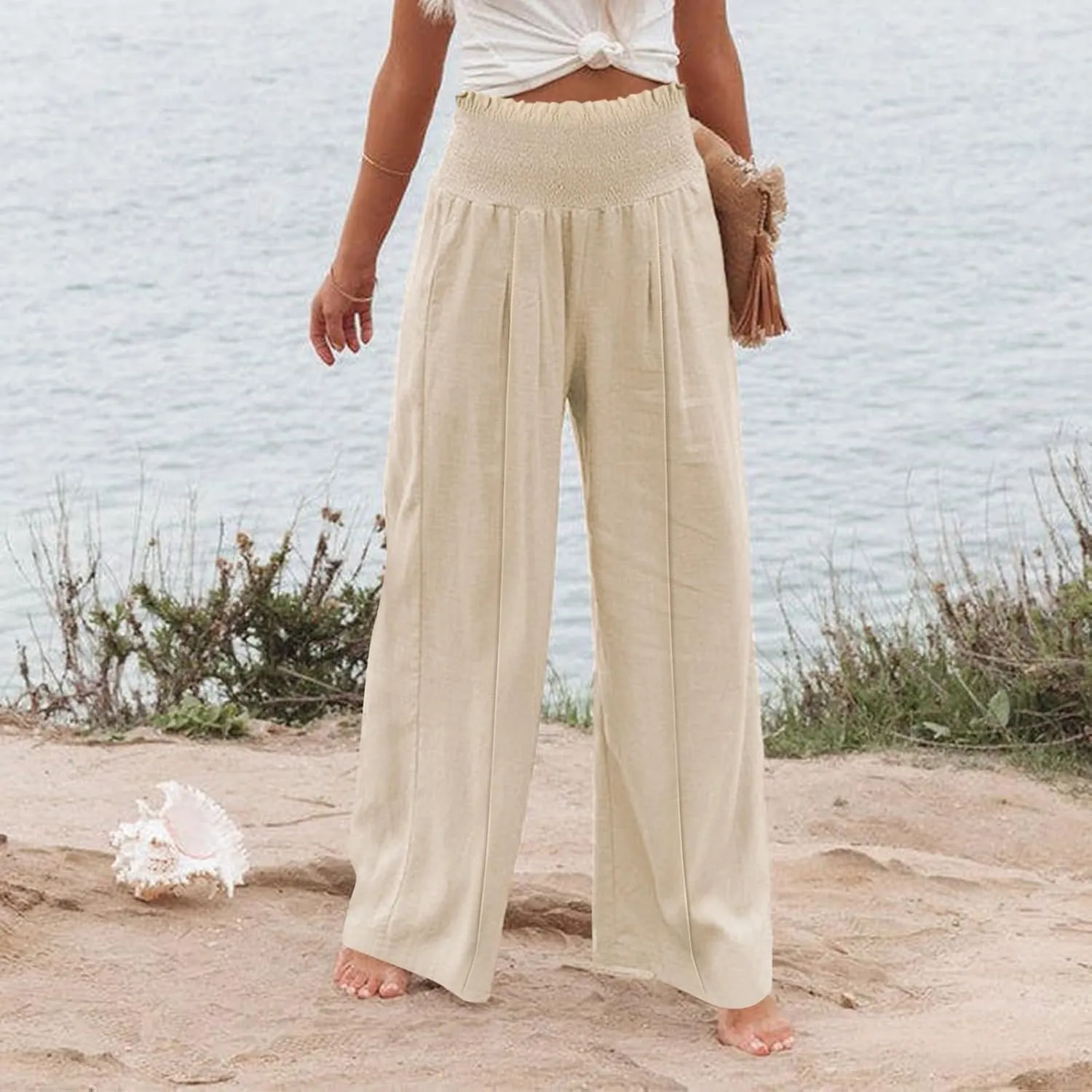 Linen Wide Leg Pants for Women Summer Flowy Boho Palazzo Pants Smocked High Waisted Loose Beach Pants with Pockets