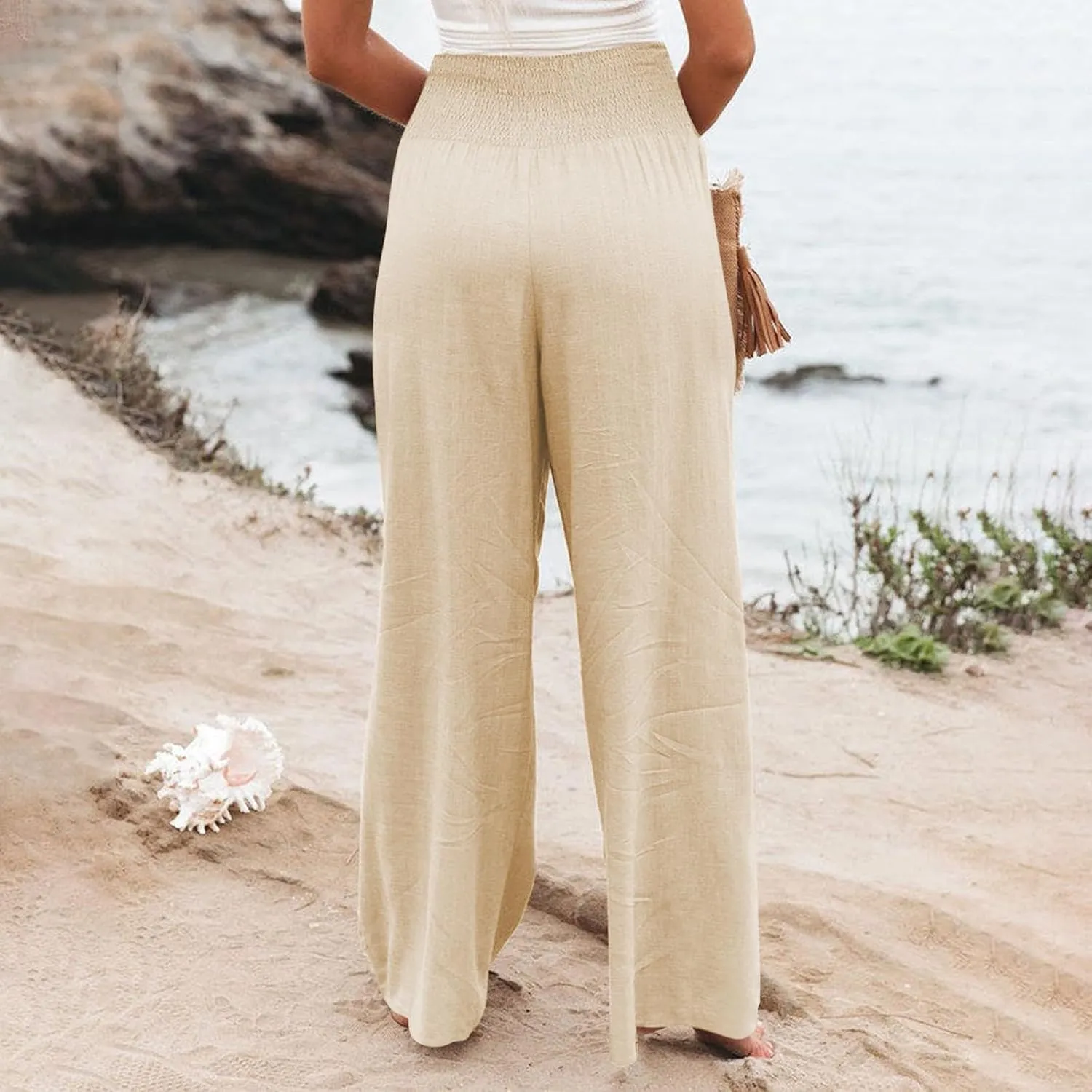 Linen Wide Leg Pants for Women Summer Flowy Boho Palazzo Pants Smocked High Waisted Loose Beach Pants with Pockets