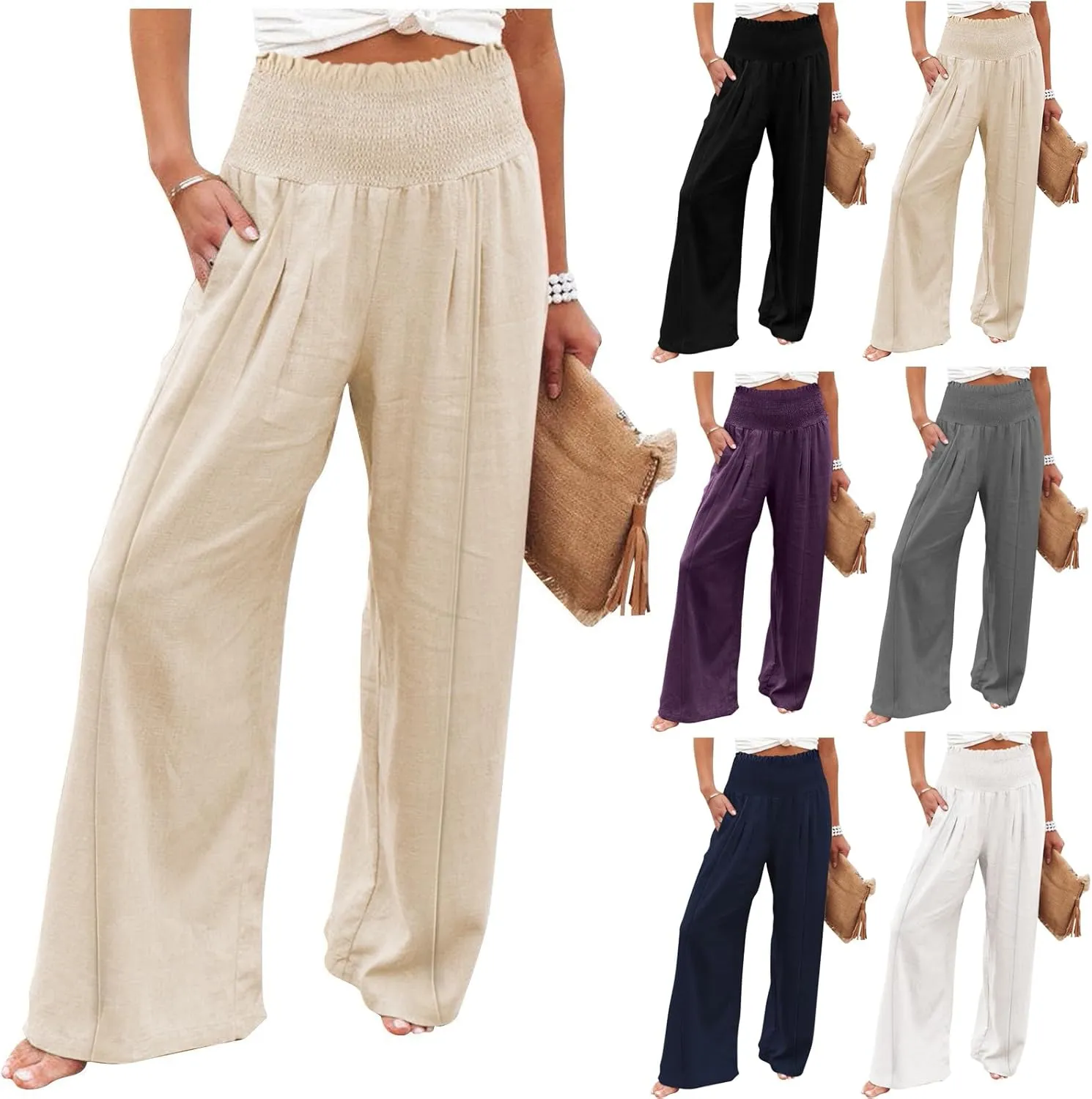 Linen Wide Leg Pants for Women Summer Flowy Boho Palazzo Pants Smocked High Waisted Loose Beach Pants with Pockets