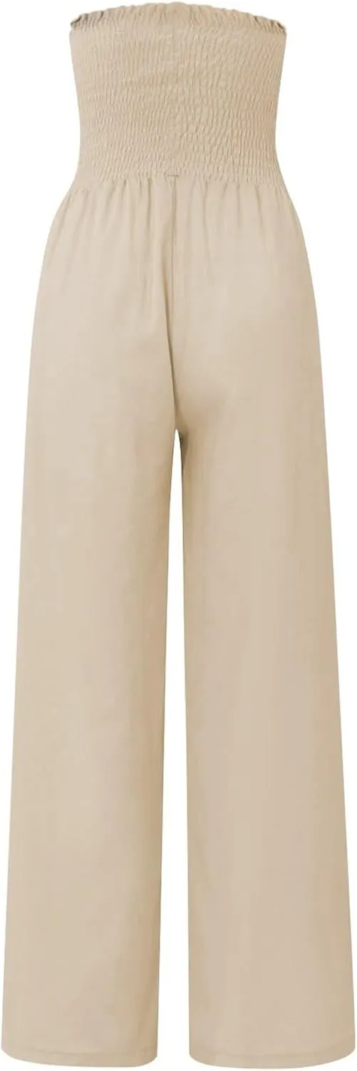 Linen Wide Leg Pants for Women Summer Flowy Boho Palazzo Pants Smocked High Waisted Loose Beach Pants with Pockets