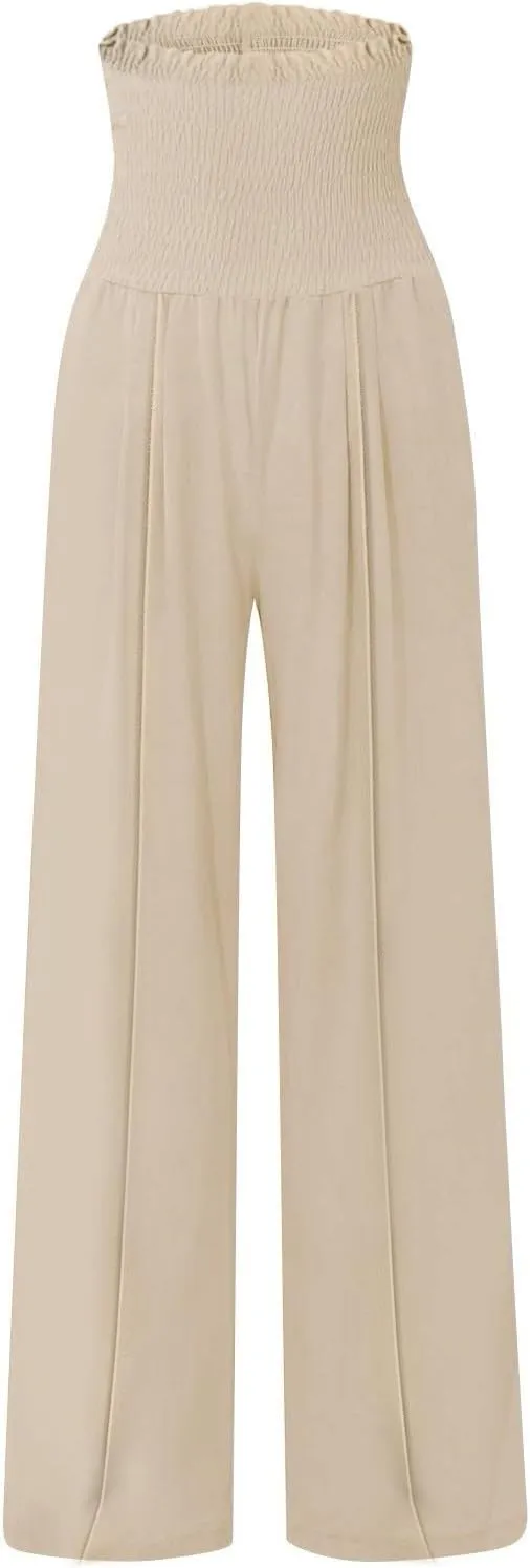 Linen Wide Leg Pants for Women Summer Flowy Boho Palazzo Pants Smocked High Waisted Loose Beach Pants with Pockets