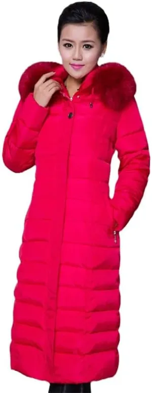 Long Women Winter Jacket Office Ladies Solid Parka Hooded Thick With Fur Collar Slim Cotton Padded Coat Jacke-