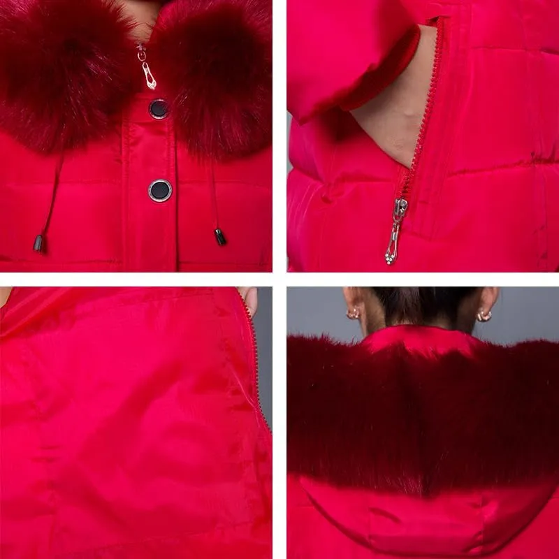 Long Women Winter Jacket Office Ladies Solid Parka Hooded Thick With Fur Collar Slim Cotton Padded Coat Jacke-