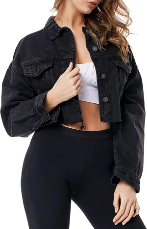 LONGYIDA Women's Jean Jacket Cropped Distressed Denim Jacket Long Sleeve Button Down Jean Jacket For Women