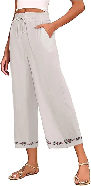 Loose Pants for Women Palazzo Wide Leg Summer Linen Pants 2025 Vacation Beach Slacks Baggy Comfy Long Trousers