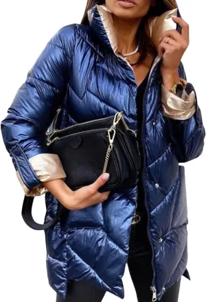 loveimgs Women Insulated Metallic Puffer Jacket Chevron Shiny Padded Bubble Jacket Parka Quilted Down Jacket