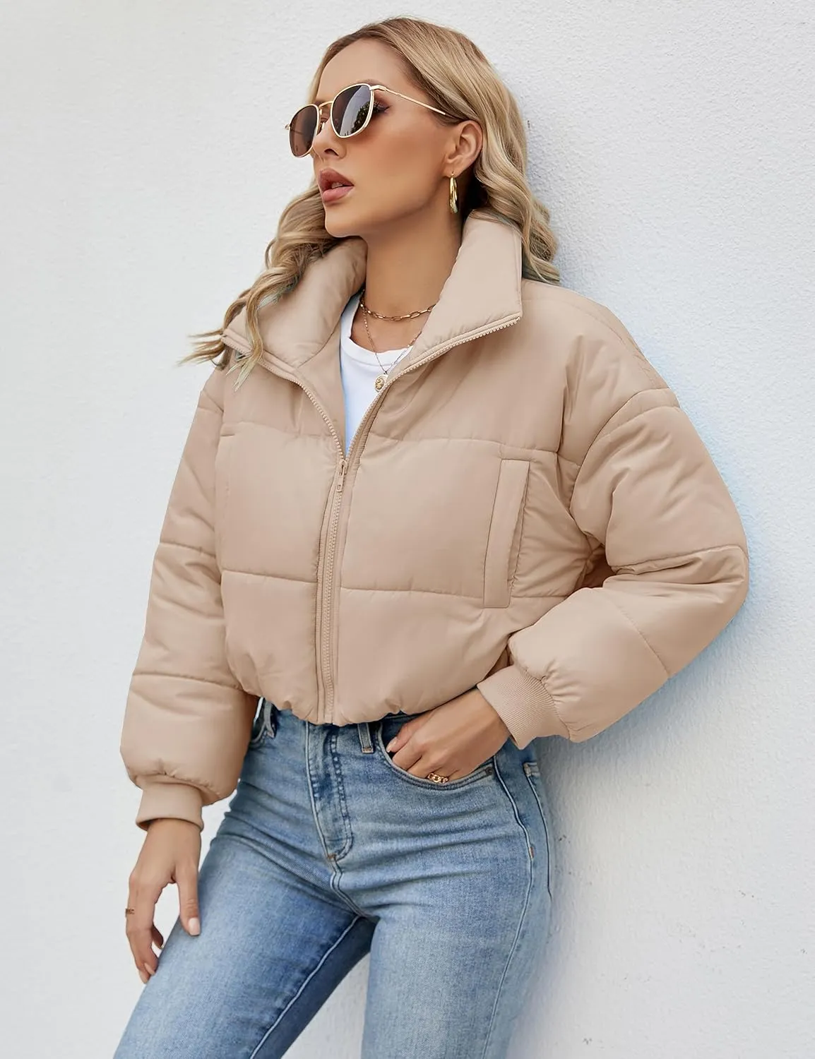 Lumister Womens Lightweight Quilted Jacket Long Sleeve Stand Collar Zipper Cropped Puffer Jacket Coat
