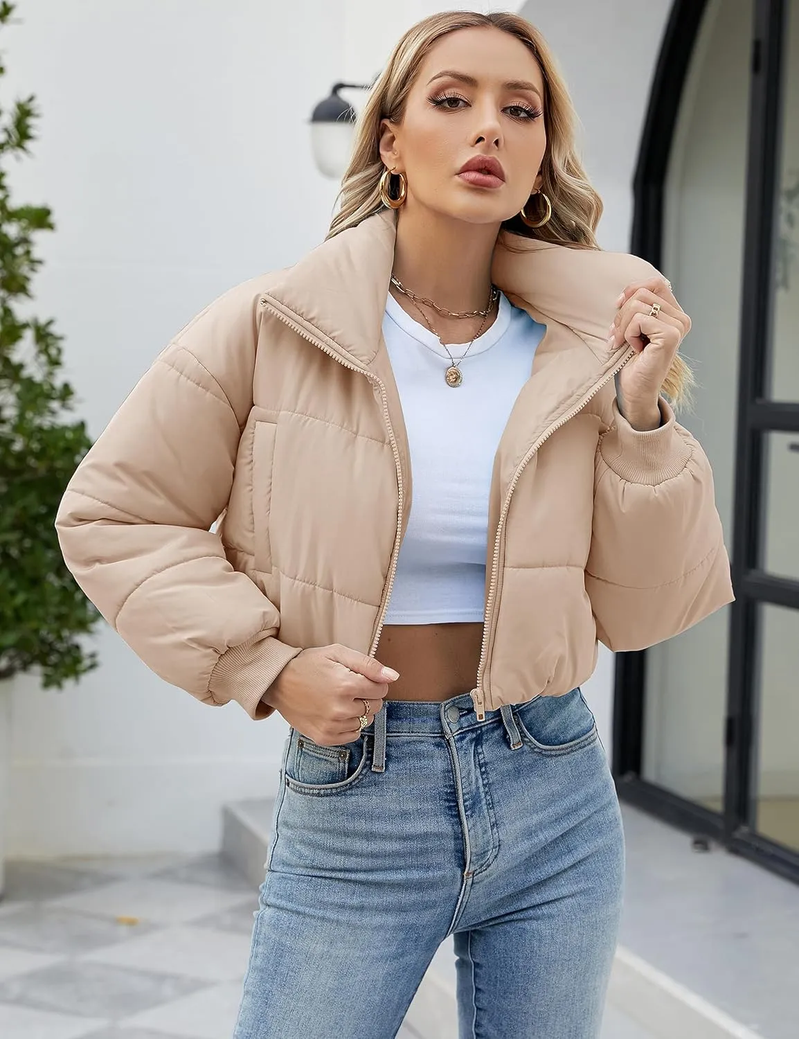 Lumister Womens Lightweight Quilted Jacket Long Sleeve Stand Collar Zipper Cropped Puffer Jacket Coat