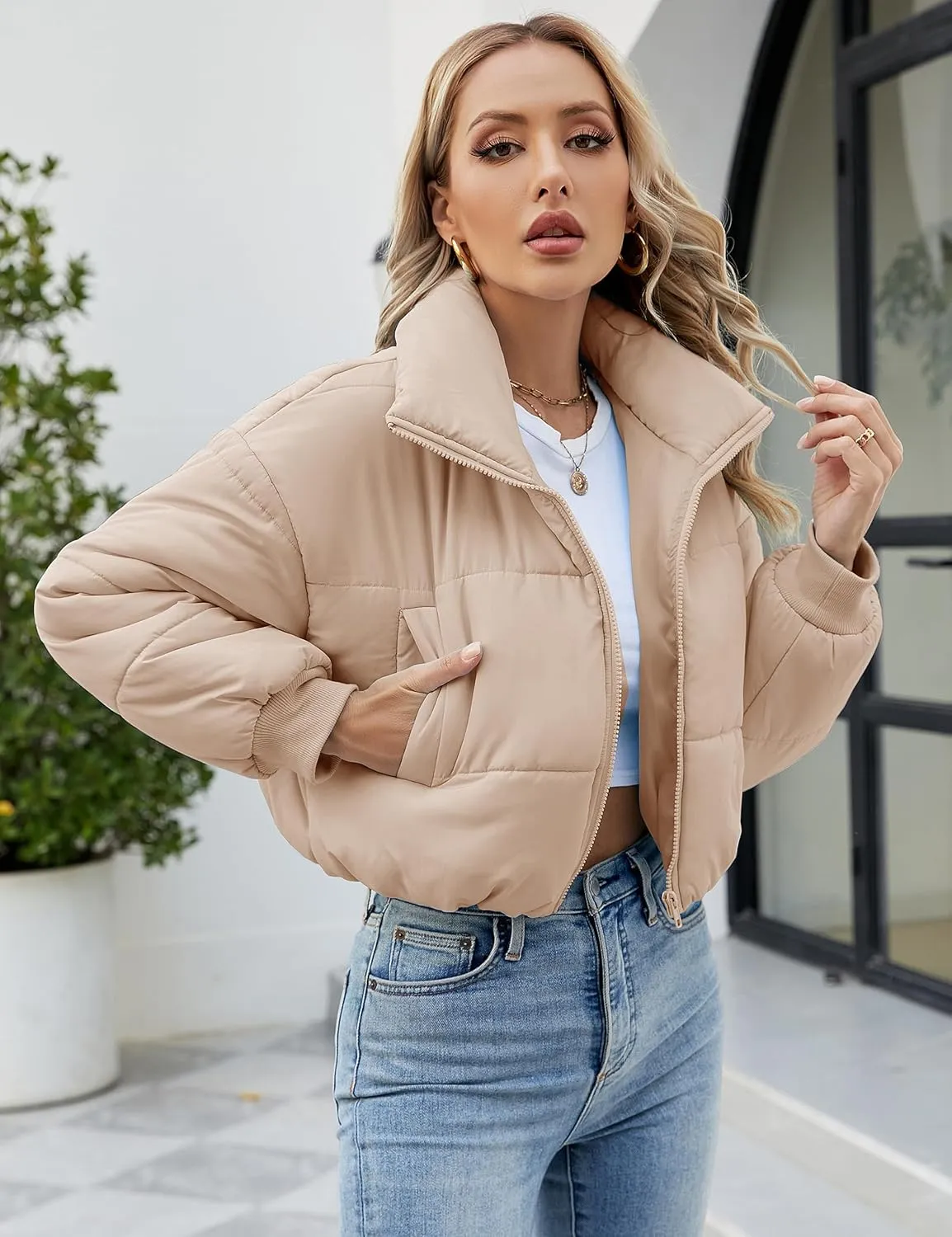 Lumister Womens Lightweight Quilted Jacket Long Sleeve Stand Collar Zipper Cropped Puffer Jacket Coat