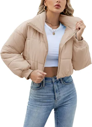 Lumister Womens Lightweight Quilted Jacket Long Sleeve Stand Collar Zipper Cropped Puffer Jacket Coat