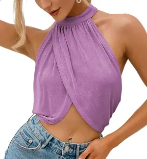 LYANER Women's Halter Wrap Sleeveless Draped Backless Sexy Cami Crop Top