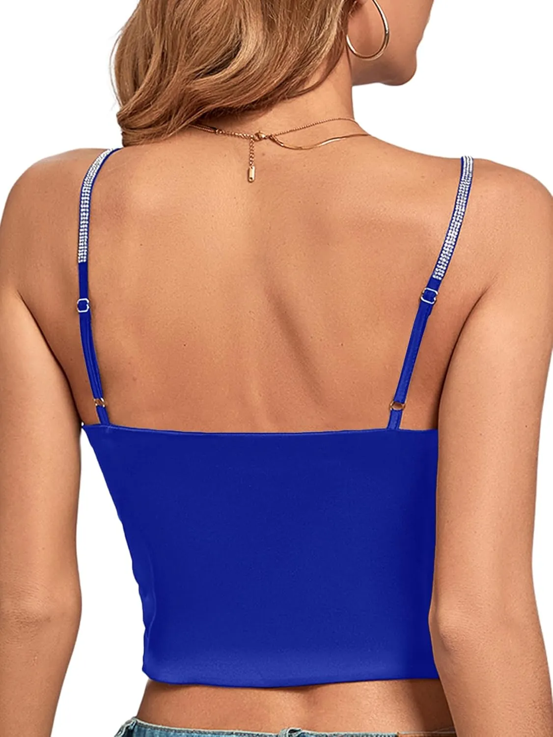 LYANER Women's Satin Rinestone Spaghetti Straps Square Neck Sleeveless Cami Crop Top