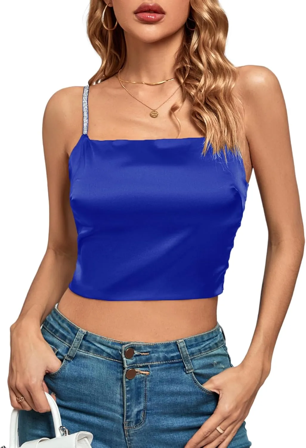 LYANER Women's Satin Rinestone Spaghetti Straps Square Neck Sleeveless Cami Crop Top