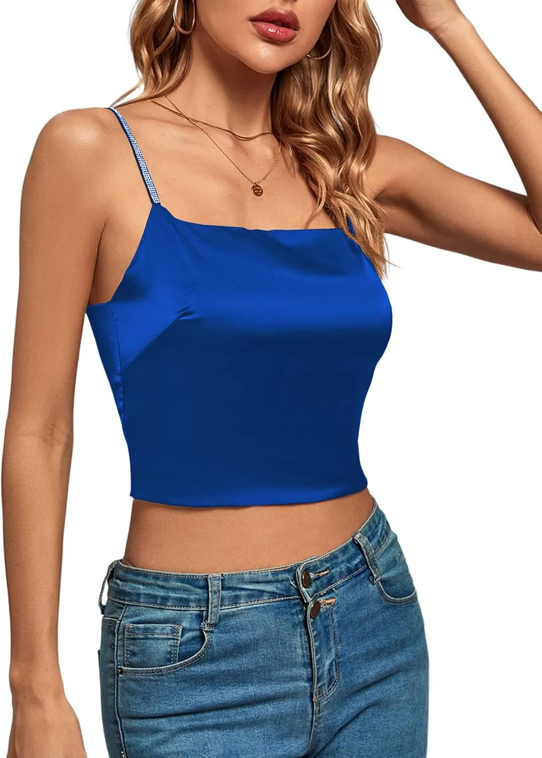 LYANER Women's Satin Rinestone Spaghetti Straps Square Neck Sleeveless Cami Crop Top