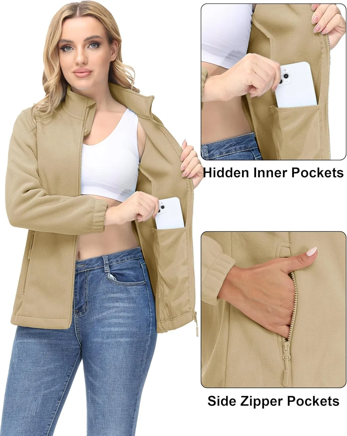 MAGCOMSEN Women's Fleece Jacket Zip Up Coat Lightweight Soft Warm Long Sleeve Jackets with Pockets for Winter