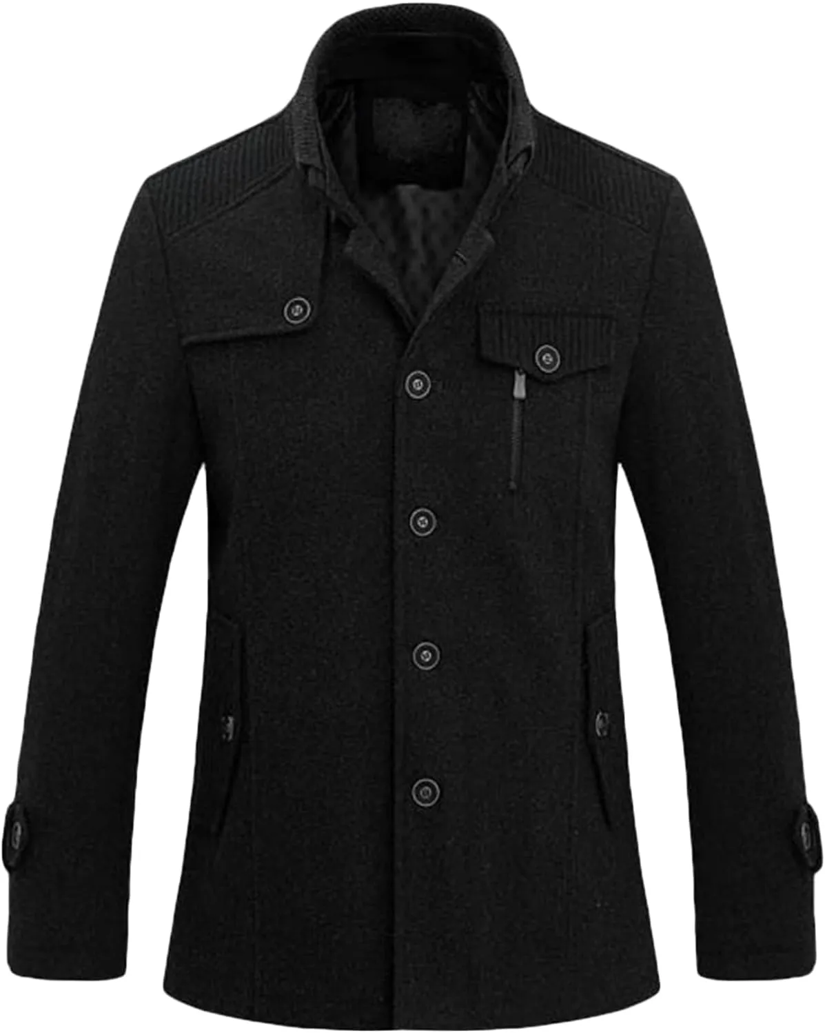 Maiyifu-GJ Men Stand Collar Wool Blend Pea Coat Stand Collar Military Jacket Single Breasted Trench Coats With Fleece Lined