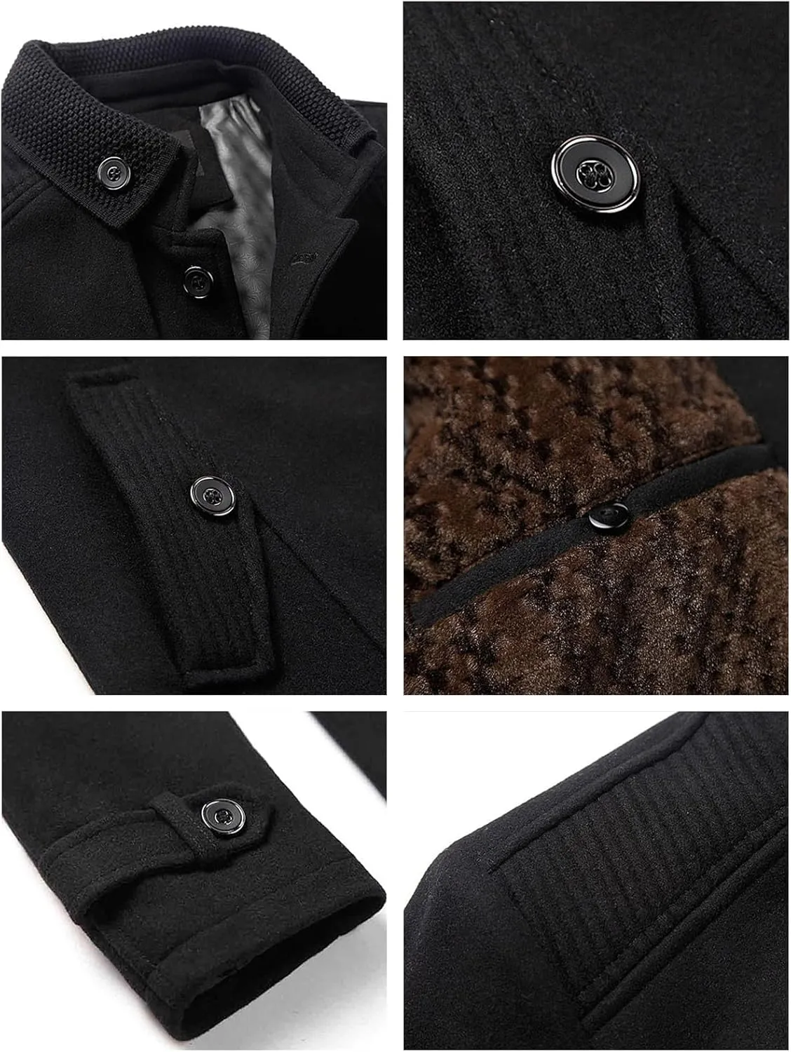 Maiyifu-GJ Men Stand Collar Wool Blend Pea Coat Stand Collar Military Jacket Single Breasted Trench Coats With Fleece Lined
