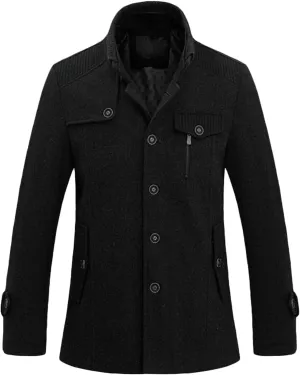 Maiyifu-GJ Men Stand Collar Wool Blend Pea Coat Stand Collar Military Jacket Single Breasted Trench Coats With Fleece Lined