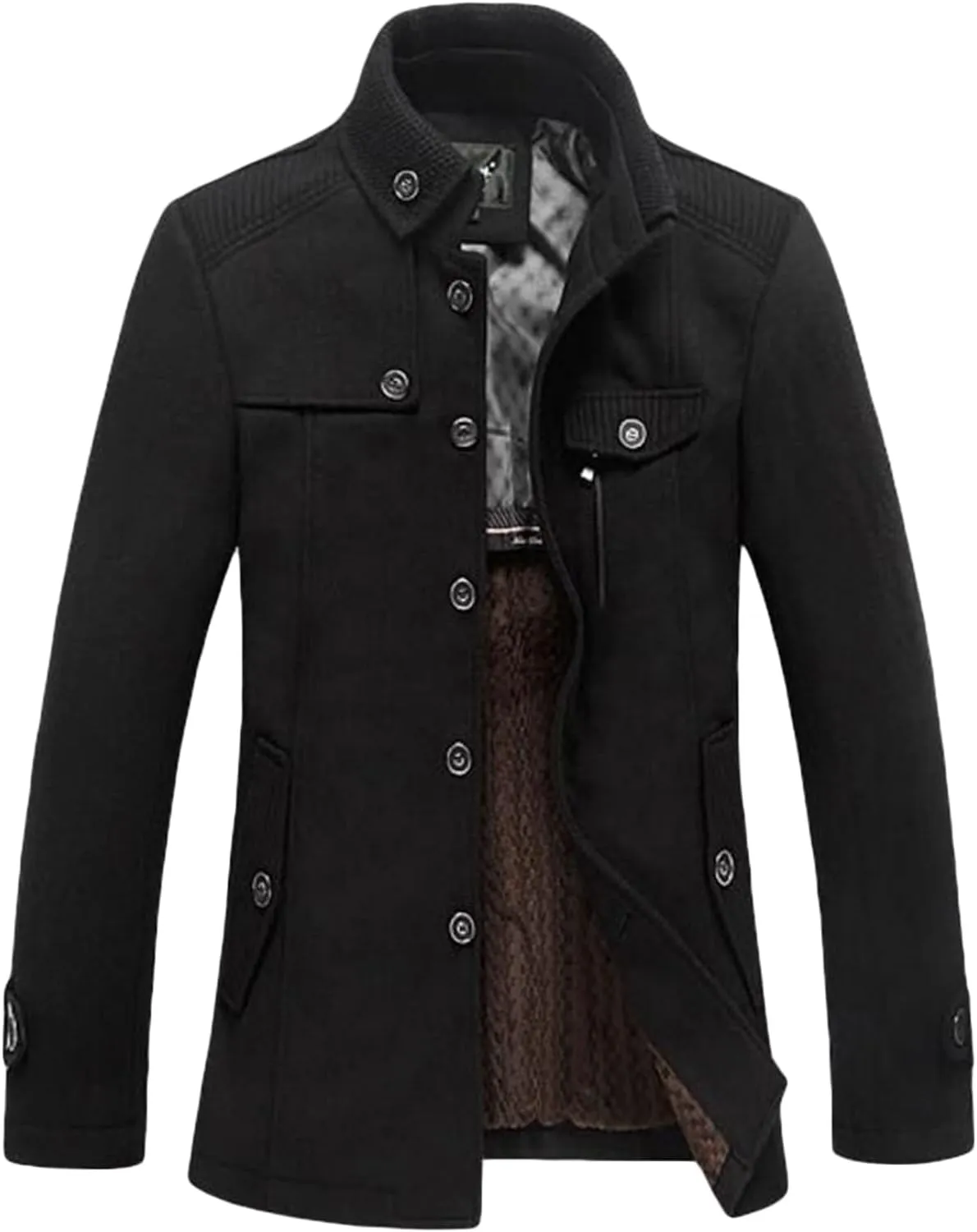 Maiyifu-GJ Men Stand Collar Wool Blend Pea Coat Stand Collar Military Jacket Single Breasted Trench Coats With Fleece Lined