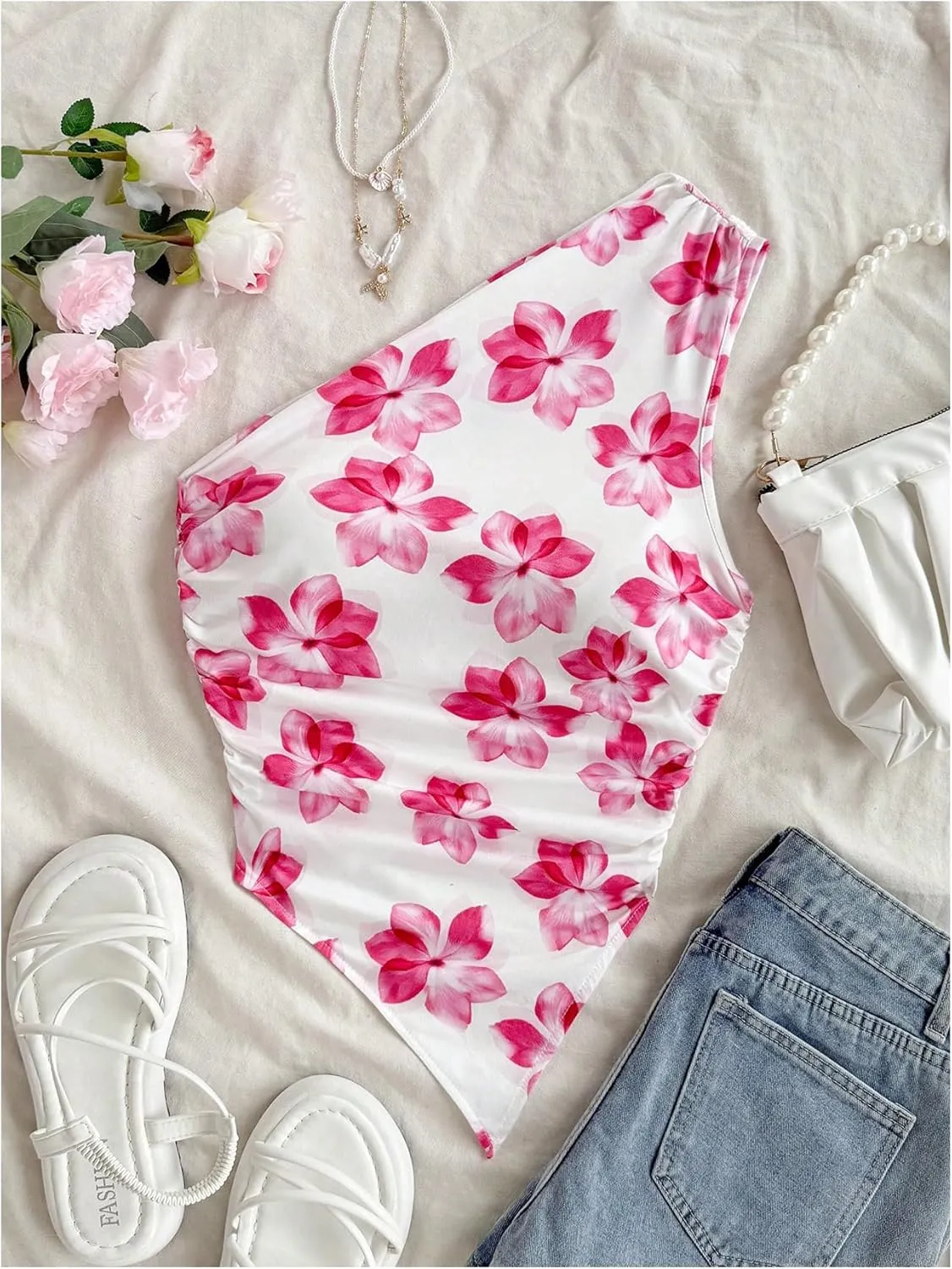 MakeMeChic Women's Floral One Shoulder Tank Top Ruched Asymmetrical Sleeveless Y2k Tops