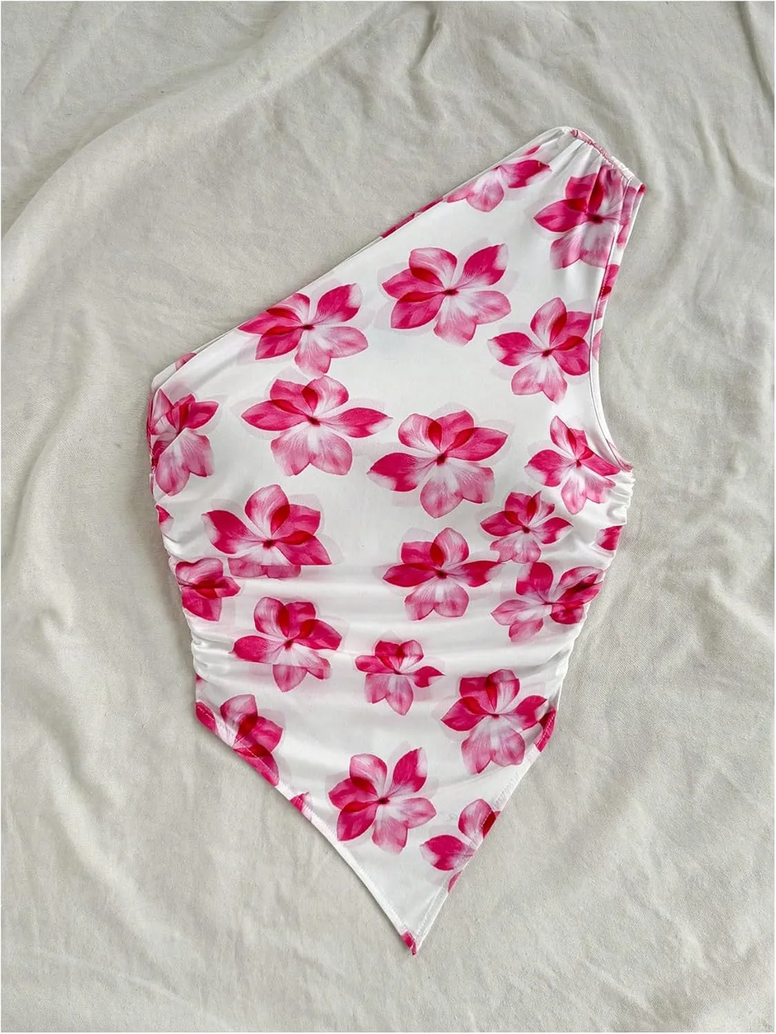MakeMeChic Women's Floral One Shoulder Tank Top Ruched Asymmetrical Sleeveless Y2k Tops
