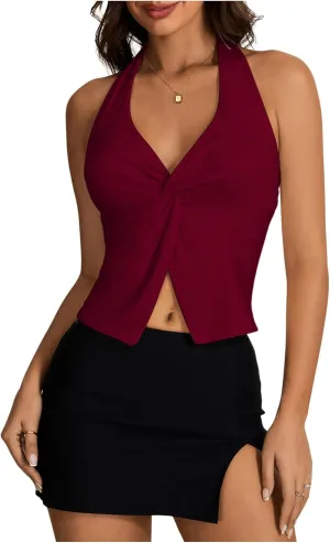 MakeMeChic Women's Halter Top Sleeveless Twist Front Going Out Tops Summer Shirt
