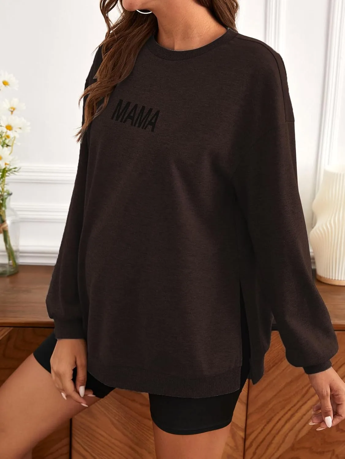 MakeMeChic Women's Maternity Sweatshirt Oversized Long Sleeve Split Side Graphic Pullover Tee Tops Pregnancy Mama Sweatshirt