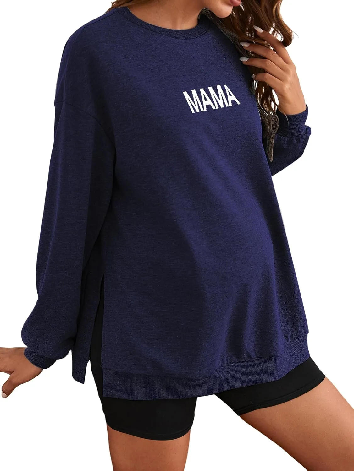 MakeMeChic Women's Maternity Sweatshirt Oversized Long Sleeve Split Side Graphic Pullover Tee Tops Pregnancy Mama Sweatshirt