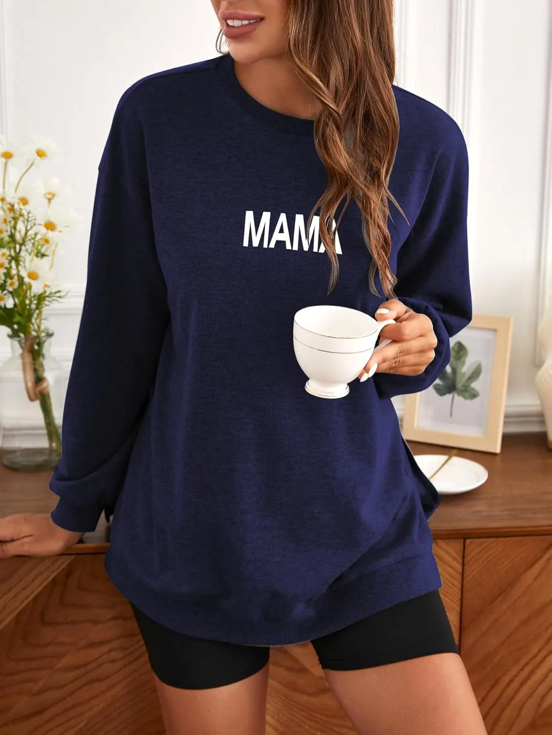 MakeMeChic Women's Maternity Sweatshirt Oversized Long Sleeve Split Side Graphic Pullover Tee Tops Pregnancy Mama Sweatshirt