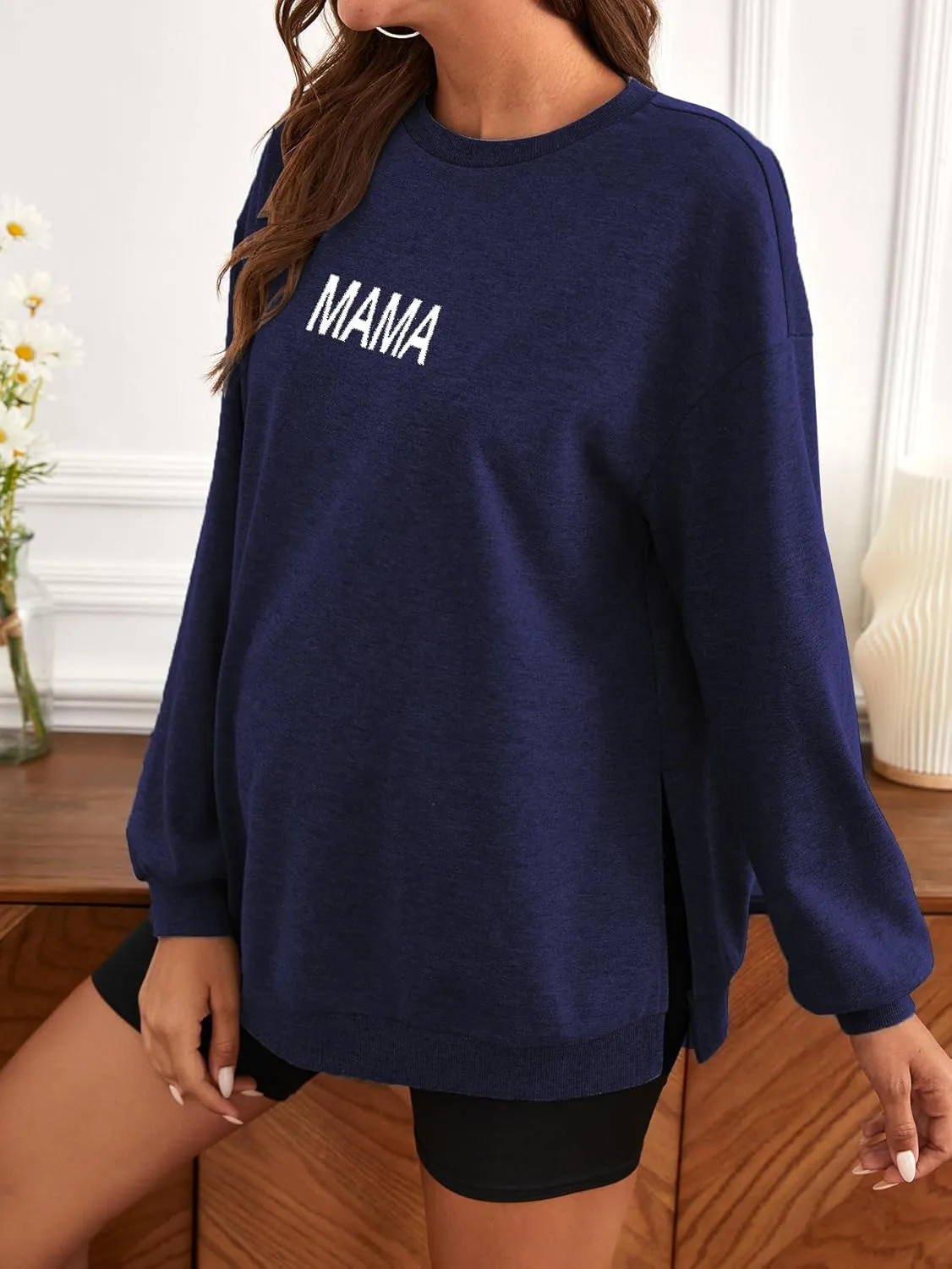 MakeMeChic Women's Maternity Sweatshirt Oversized Long Sleeve Split Side Graphic Pullover Tee Tops Pregnancy Mama Sweatshirt