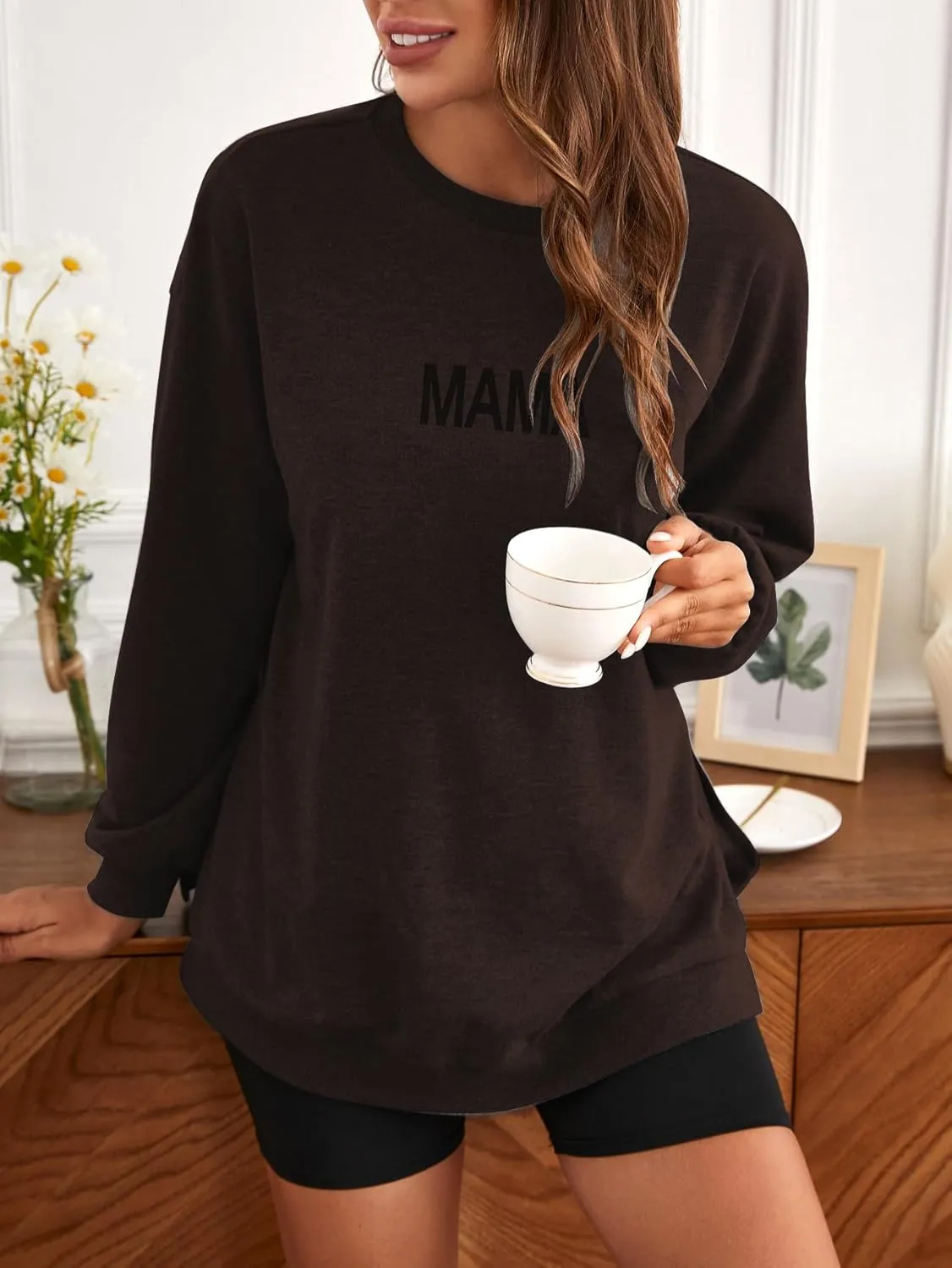 MakeMeChic Women's Maternity Sweatshirt Oversized Long Sleeve Split Side Graphic Pullover Tee Tops Pregnancy Mama Sweatshirt