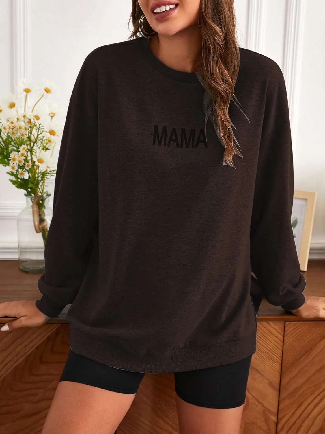 MakeMeChic Women's Maternity Sweatshirt Oversized Long Sleeve Split Side Graphic Pullover Tee Tops Pregnancy Mama Sweatshirt
