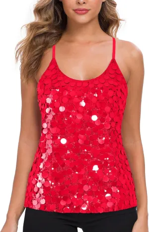 MANER Womens Sequin Tops Glitter Party Strappy Tank Top Sparkle Cami