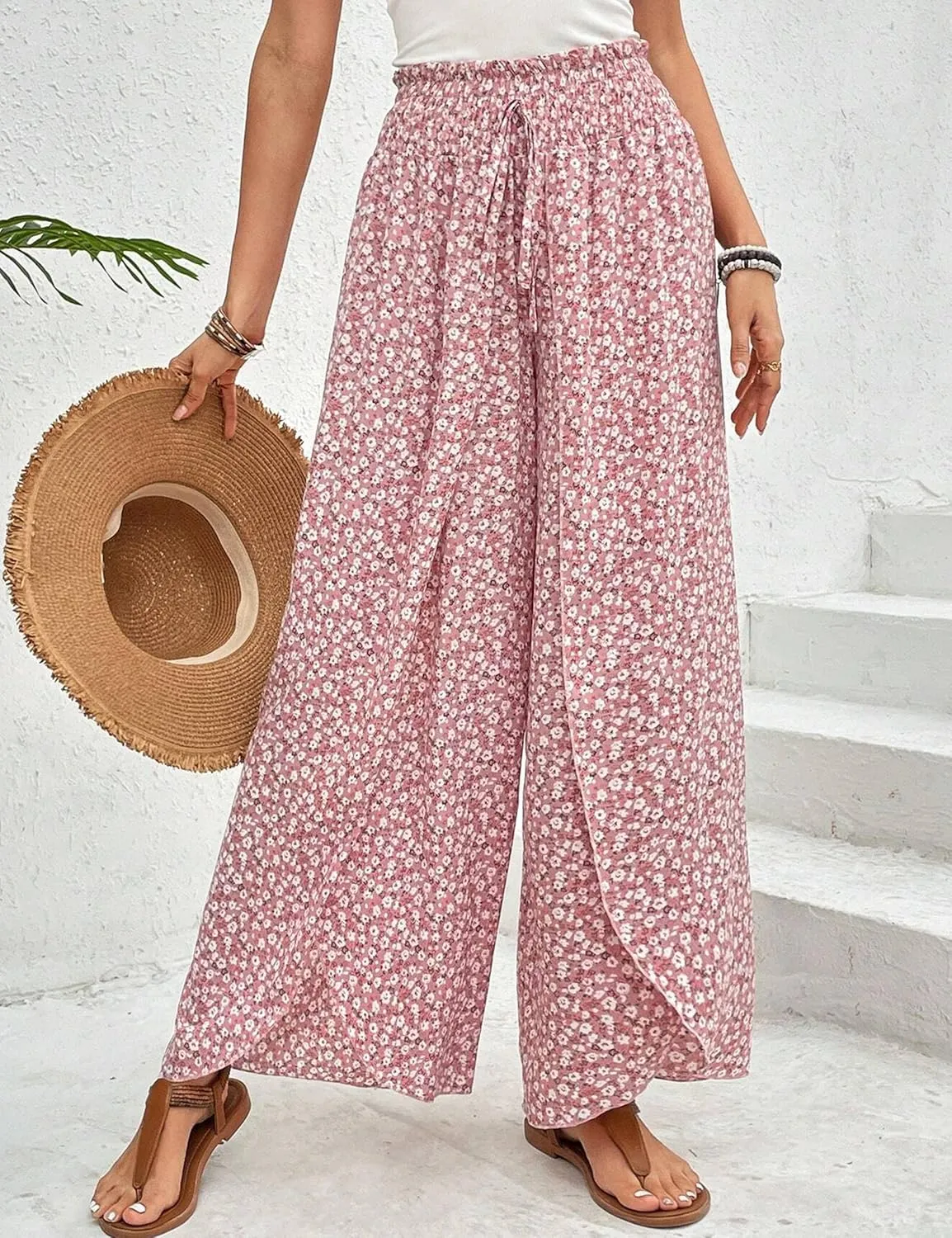 Mansy Women Casual High Waist Split Wide Leg Pants Summer Floral Long Palazzo Pants Lounge Beach Trousers