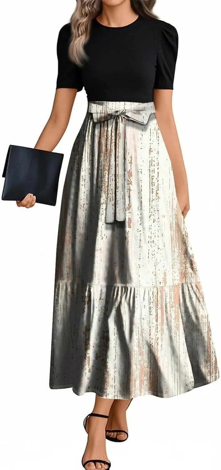 Maxi Dresses for Women 2025 Belted Short Sleeve Round Neck Geometric Splicing Elegant Flowy High Waist Summer Dress