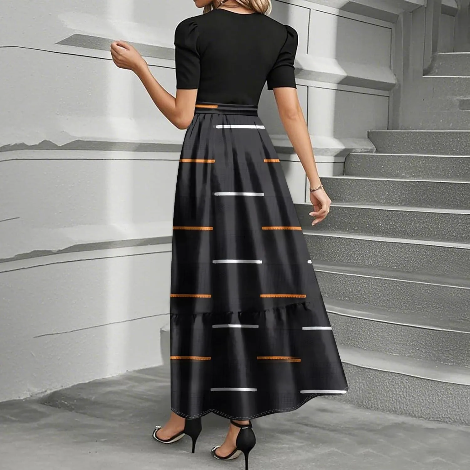 Maxi Dresses for Women 2025 Belted Short Sleeve Round Neck Geometric Splicing Elegant Flowy High Waist Summer Dress