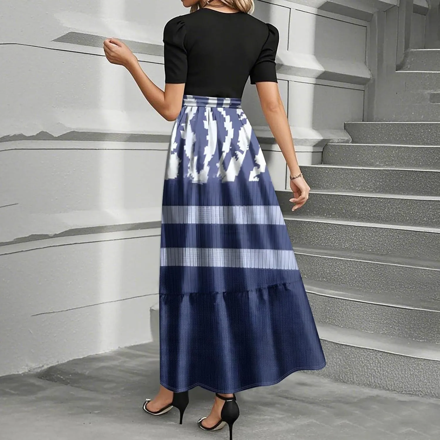 Maxi Dresses for Women 2025 Belted Short Sleeve Round Neck Geometric Splicing Elegant Flowy High Waist Summer Dress