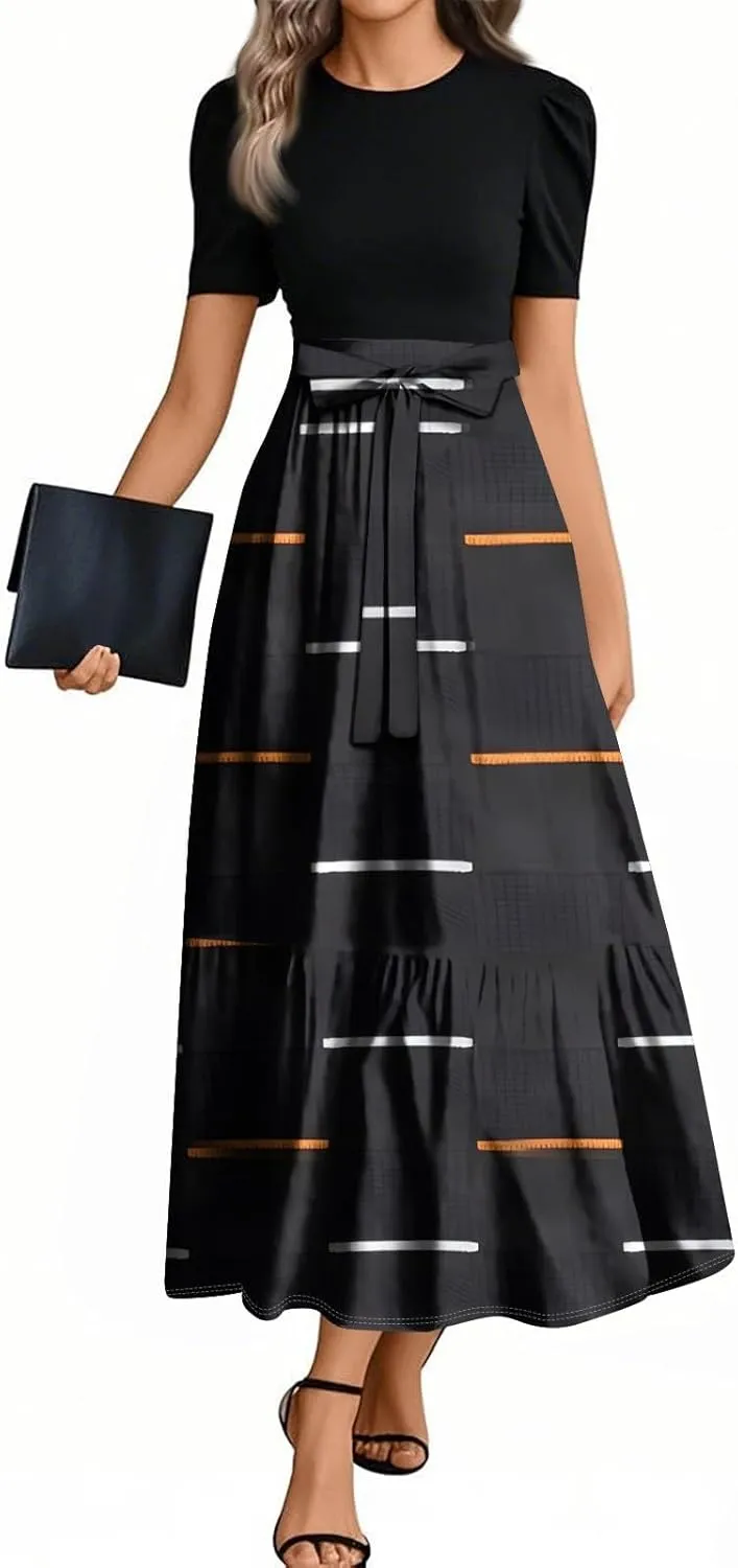 Maxi Dresses for Women 2025 Belted Short Sleeve Round Neck Geometric Splicing Elegant Flowy High Waist Summer Dress