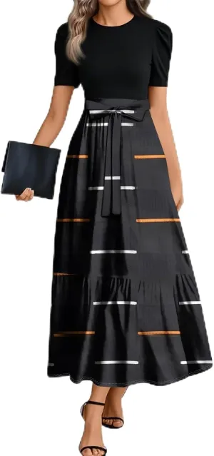 Maxi Dresses for Women 2025 Belted Short Sleeve Round Neck Geometric Splicing Elegant Flowy High Waist Summer Dress
