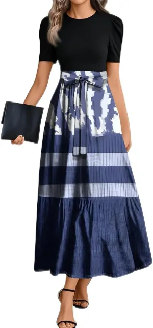 Maxi Dresses for Women 2025 Belted Short Sleeve Round Neck Geometric Splicing Elegant Flowy High Waist Summer Dress
