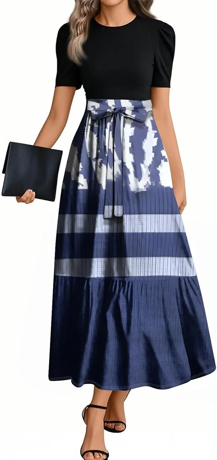 Maxi Dresses for Women 2025 Belted Short Sleeve Round Neck Geometric Splicing Elegant Flowy High Waist Summer Dress