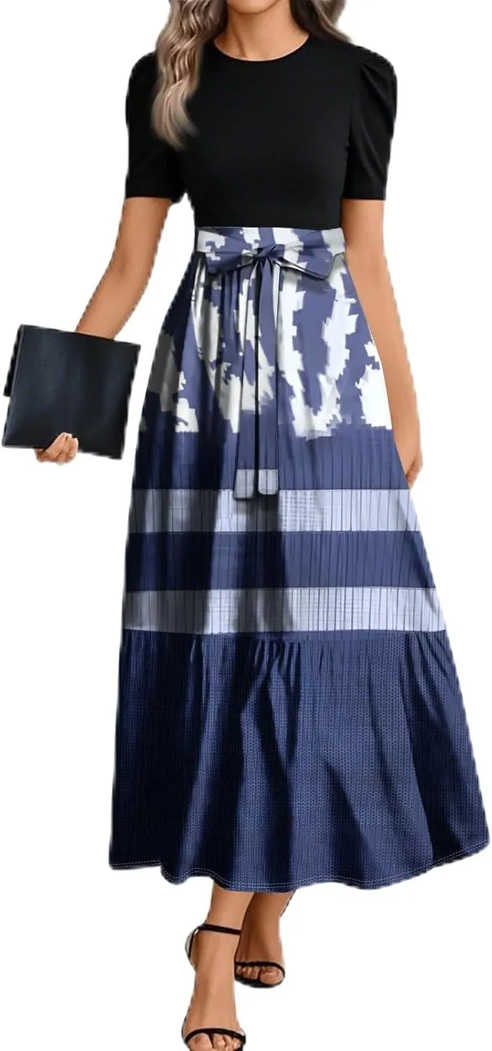 Maxi Dresses for Women 2025 Belted Short Sleeve Round Neck Geometric Splicing Elegant Flowy High Waist Summer Dress