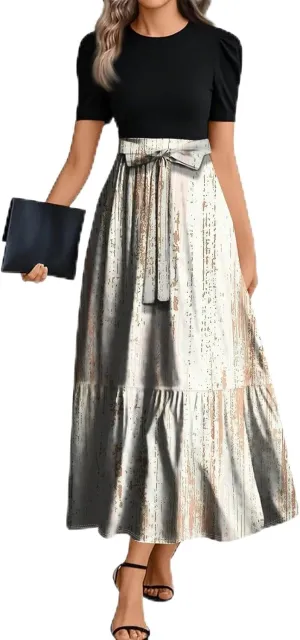 Maxi Dresses for Women 2025 Belted Short Sleeve Round Neck Geometric Splicing Elegant Flowy High Waist Summer Dress
