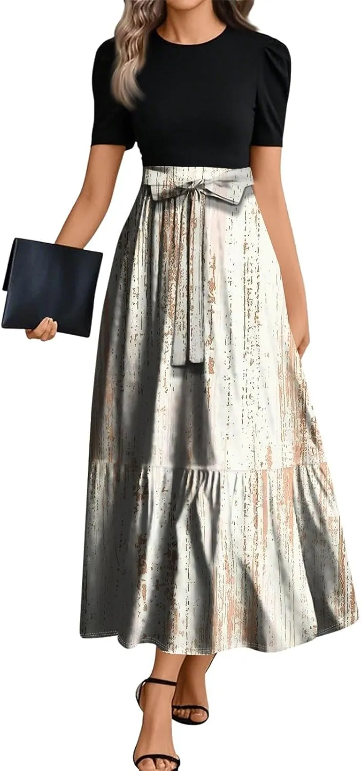 Maxi Dresses for Women 2025 Belted Short Sleeve Round Neck Geometric Splicing Elegant Flowy High Waist Summer Dress