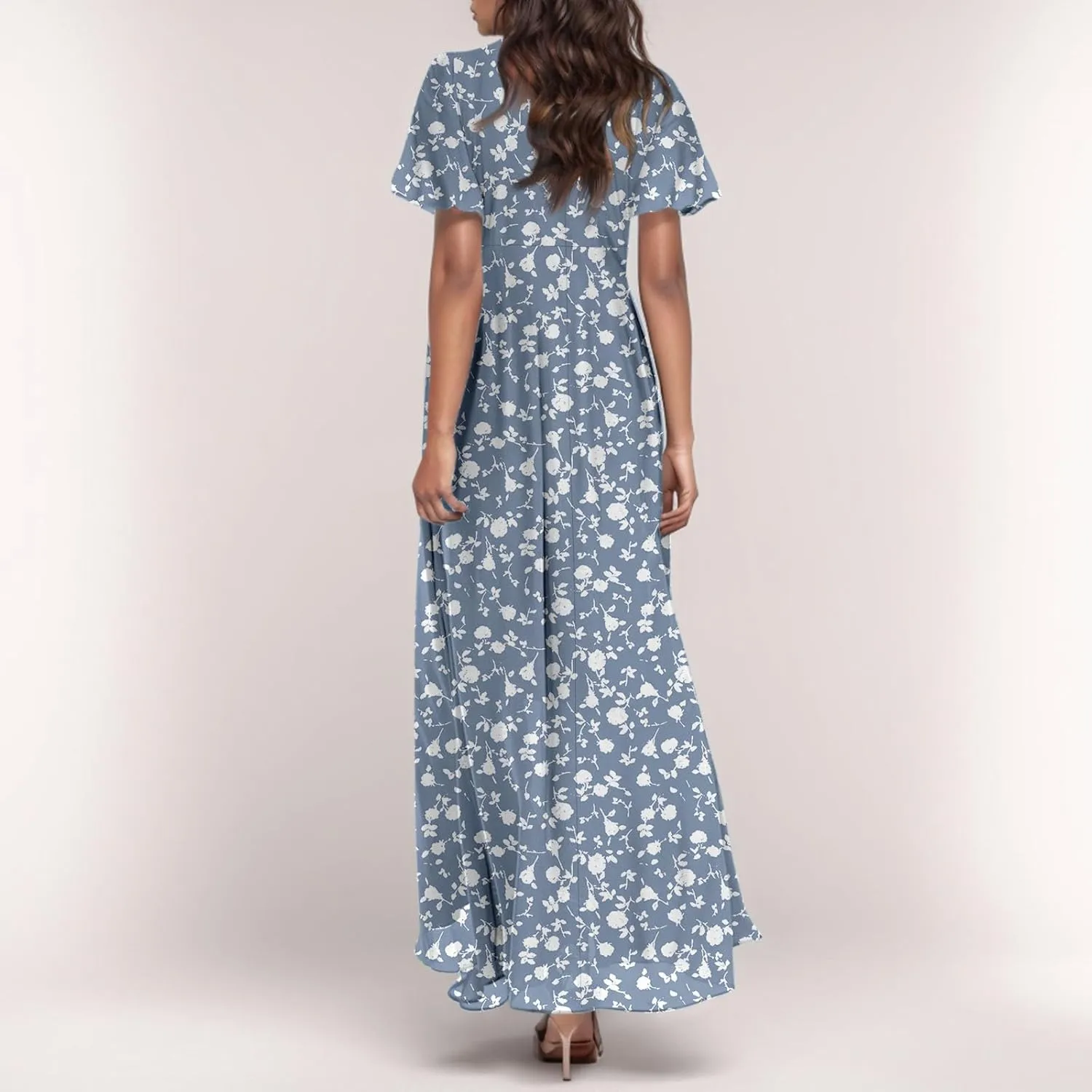 Maxi Floral Dresses for Women 2025 Summer Elegant Flowy Sundresses Trendy Flutter Sleeve Boho Long Dress V Neck Party