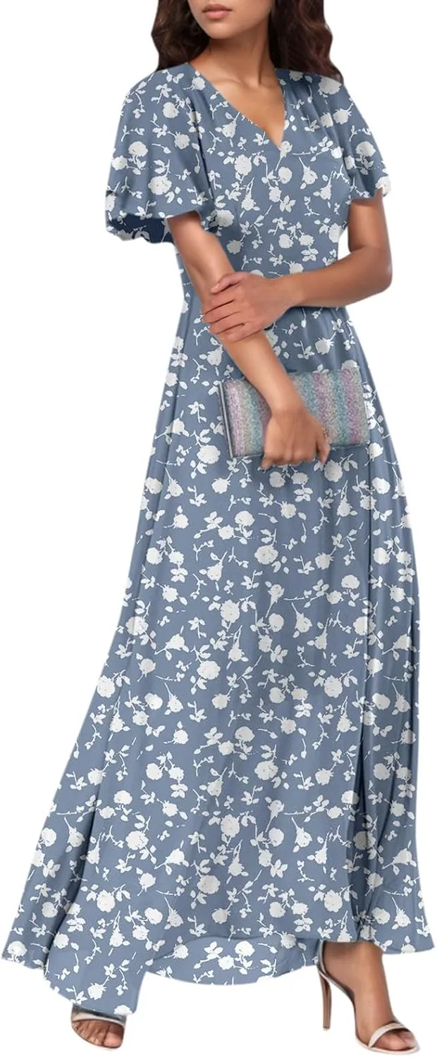 Maxi Floral Dresses for Women 2025 Summer Elegant Flowy Sundresses Trendy Flutter Sleeve Boho Long Dress V Neck Party