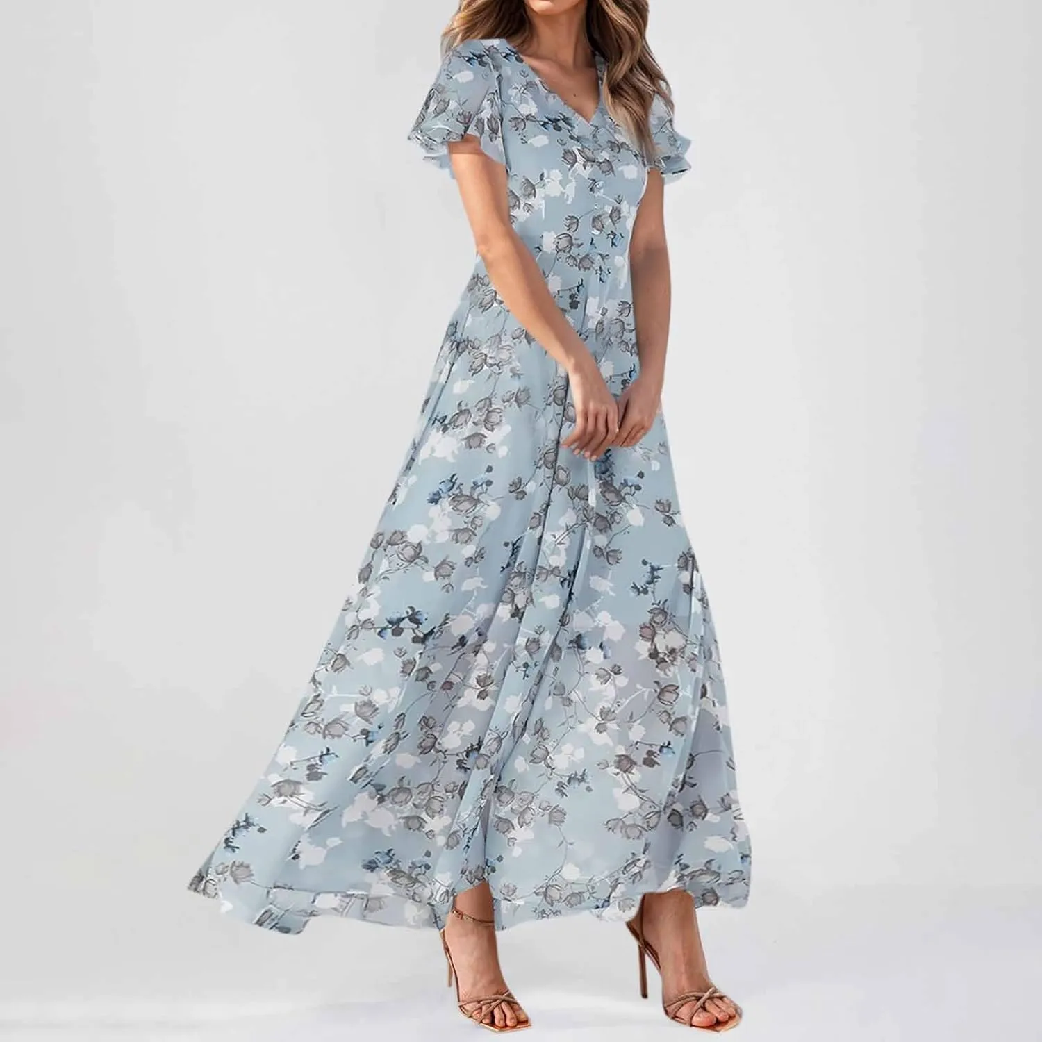 Maxi Floral Dresses for Women 2025 Summer Elegant Flowy Sundresses Trendy Flutter Sleeve Boho Long Dress V Neck Party
