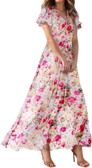 Maxi Floral Dresses for Women 2025 Summer Elegant Flowy Sundresses Trendy Flutter Sleeve Boho Long Dress V Neck Party